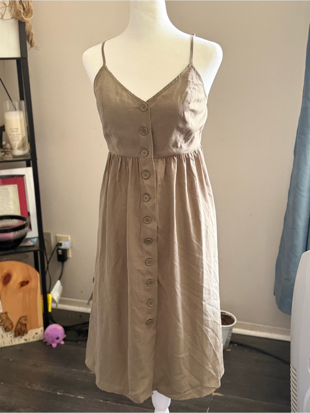 Forever 21 Taupe Button-Front Spaghetti Strap Midi Dress